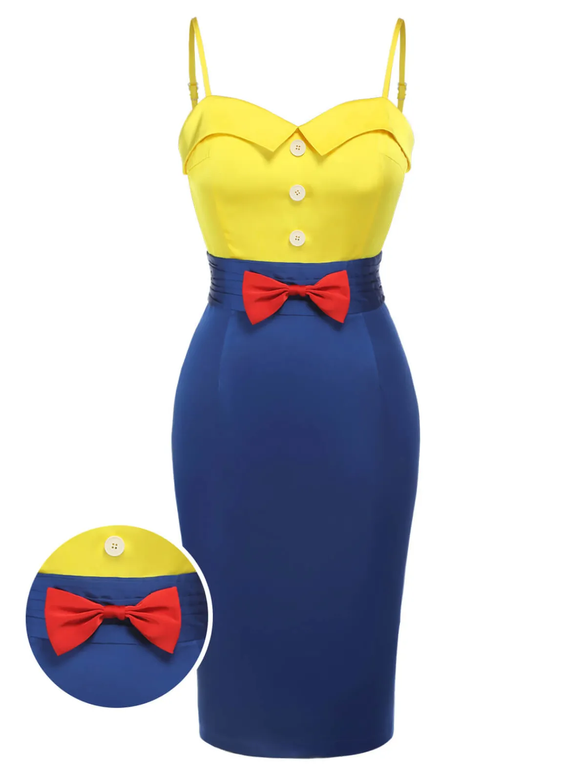 Discount Retro Stage 1960s Bow Strap Pencil Dress Yellow & Blue