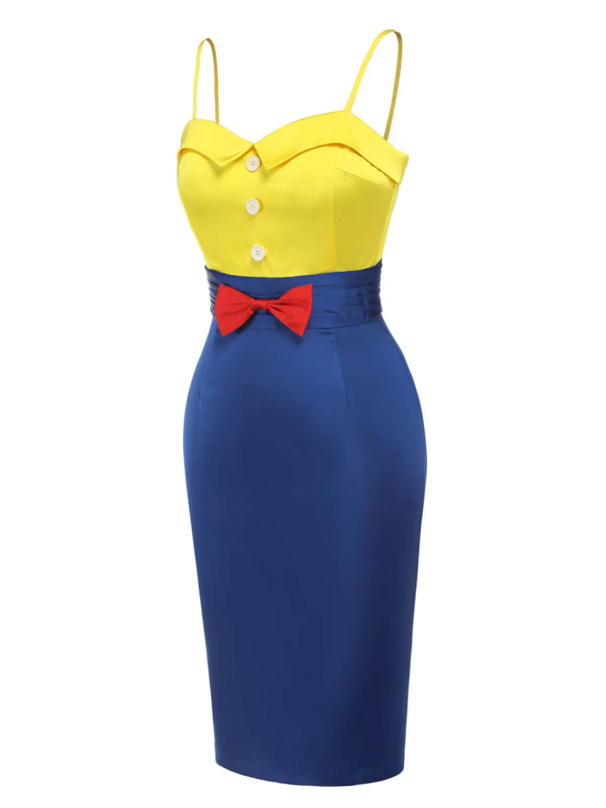 Discount Retro Stage 1960s Bow Strap Pencil Dress Yellow & Blue