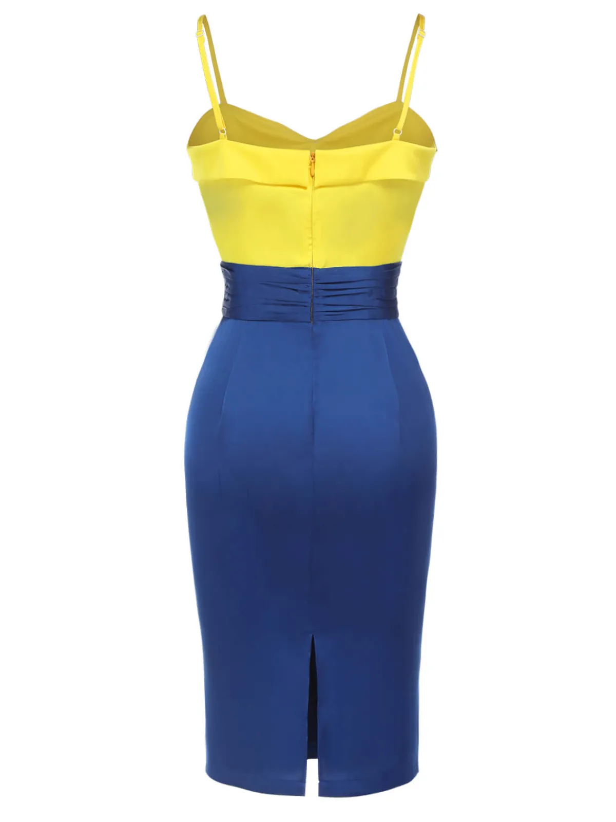 Discount Retro Stage 1960s Bow Strap Pencil Dress Yellow & Blue