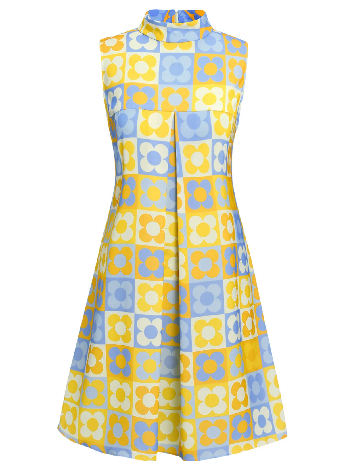 Fashion Retro Stage Yellow & Blue 1960s Floral Stand Collar Dress