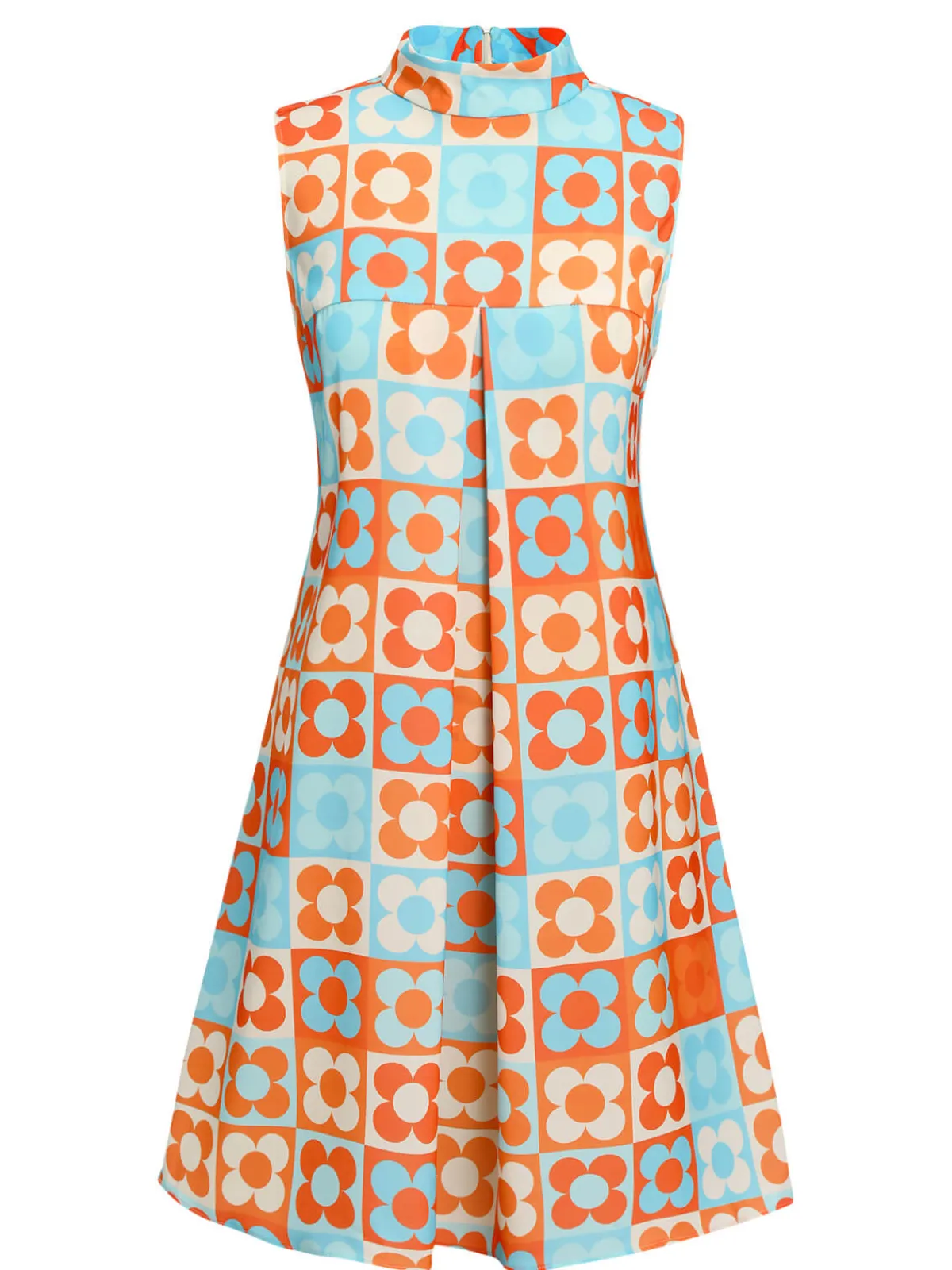 Fashion Retro Stage Yellow & Blue 1960s Floral Stand Collar Dress