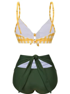 Discount Retro Stage 1950s Plaid Bow Bikini Set Yellow & Green