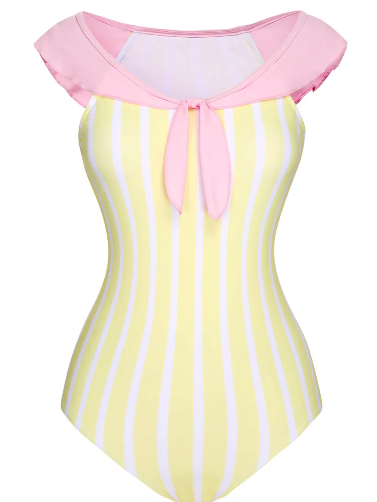 Online Retro Stage 1940s Stripe One-Piece Swimsuit Yellow & Pink