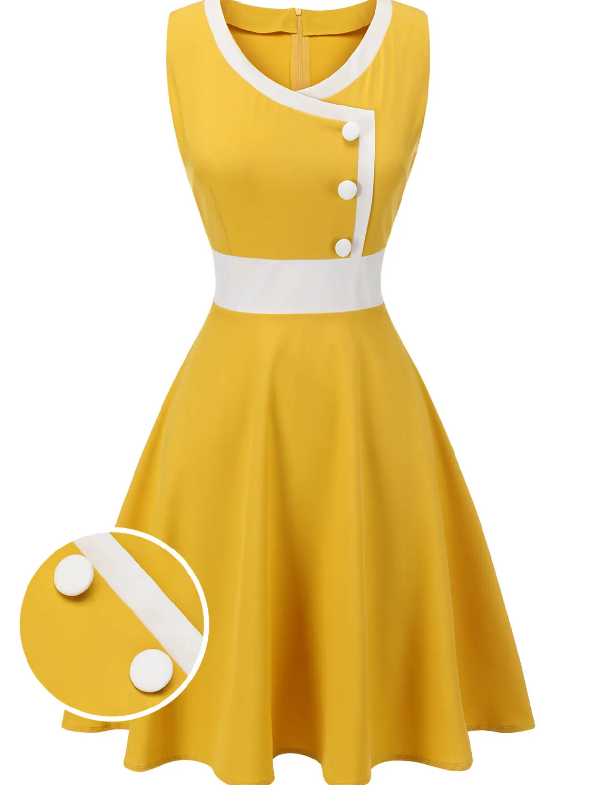Fashion Retro Stage & White 1940s Buttons Patchwork Dress Yellow