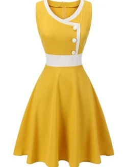 Fashion Retro Stage & White 1940s Buttons Patchwork Dress Yellow