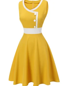 Fashion Retro Stage & White 1940s Buttons Patchwork Dress Yellow