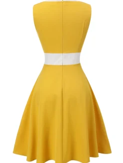 Fashion Retro Stage & White 1940s Buttons Patchwork Dress Yellow