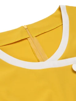 Fashion Retro Stage & White 1940s Buttons Patchwork Dress Yellow