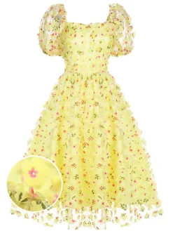 Hot Retro Stage 3D Floral Puff Sleeves Swing Dress Yellow