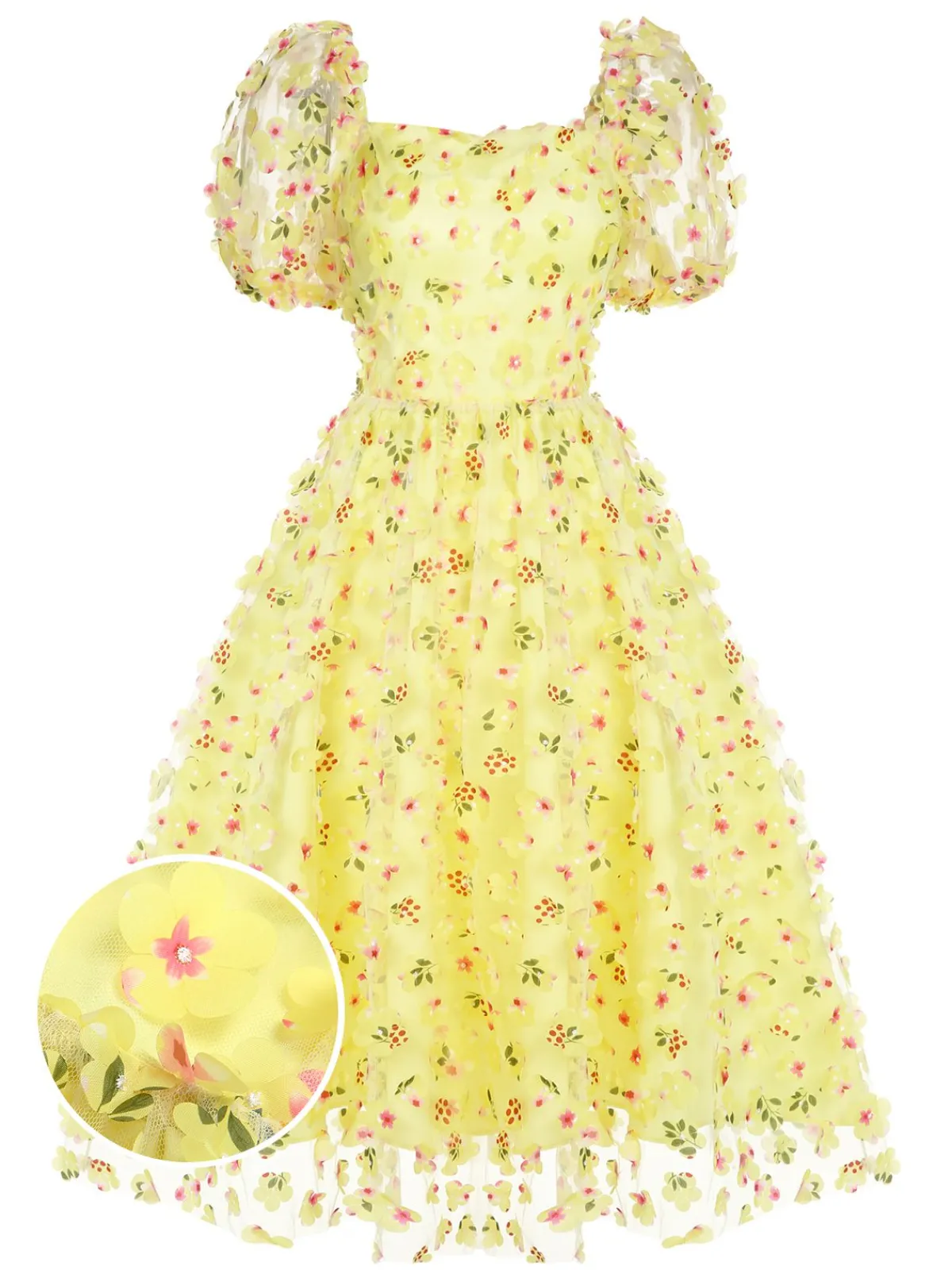 Hot Retro Stage 3D Floral Puff Sleeves Swing Dress Yellow