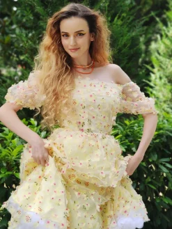 Hot Retro Stage 3D Floral Puff Sleeves Swing Dress Yellow