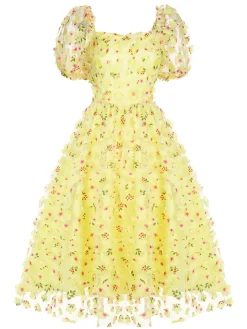 Hot Retro Stage 3D Floral Puff Sleeves Swing Dress Yellow