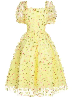 Hot Retro Stage 3D Floral Puff Sleeves Swing Dress Yellow