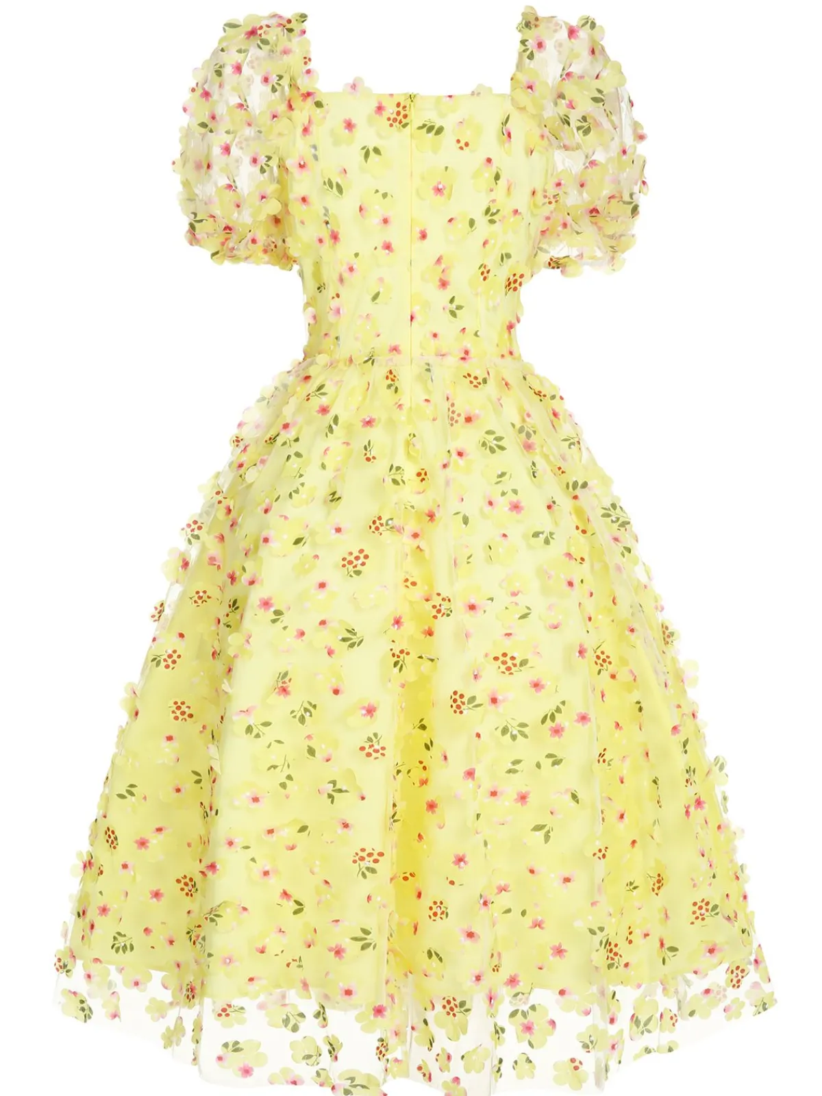 Hot Retro Stage 3D Floral Puff Sleeves Swing Dress Yellow