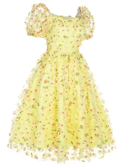 Hot Retro Stage 3D Floral Puff Sleeves Swing Dress Yellow