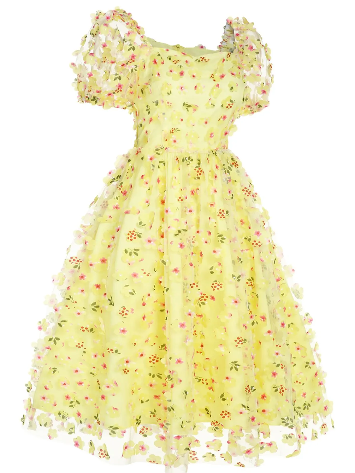 Hot Retro Stage 3D Floral Puff Sleeves Swing Dress Yellow