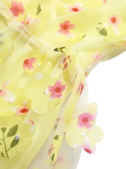 Hot Retro Stage 3D Floral Puff Sleeves Swing Dress Yellow
