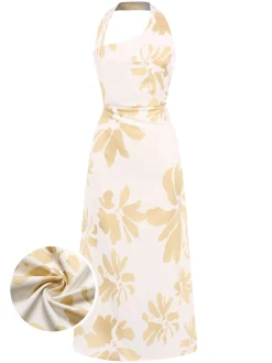 New Retro Stage 1930s Asymmetric Neckline Floral Dress Yellow