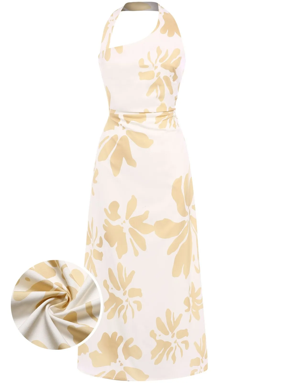 New Retro Stage 1930s Asymmetric Neckline Floral Dress Yellow