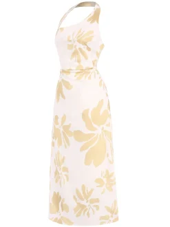 New Retro Stage 1930s Asymmetric Neckline Floral Dress Yellow