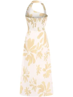 New Retro Stage 1930s Asymmetric Neckline Floral Dress Yellow