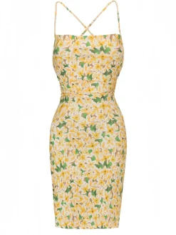 Hot Retro Stage 1960s Back Lace-Up Ruched Floral Dress Yellow