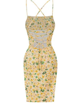 Hot Retro Stage 1960s Back Lace-Up Ruched Floral Dress Yellow
