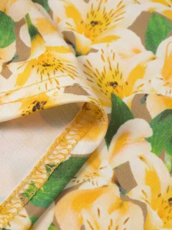 Hot Retro Stage 1960s Back Lace-Up Ruched Floral Dress Yellow