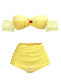 Clearance Retro Stage 1970s Belle Princess Style Rose Puff Bikini Set Yellow