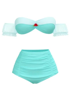 Clearance Retro Stage 1970s Belle Princess Style Rose Puff Bikini Set Yellow