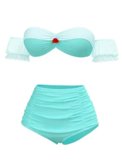 Clearance Retro Stage 1970s Belle Princess Style Rose Puff Bikini Set Yellow