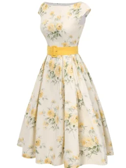 Discount Retro Stage Yellow 1950s Boat Neck Antique Floral Dress Light Yellow