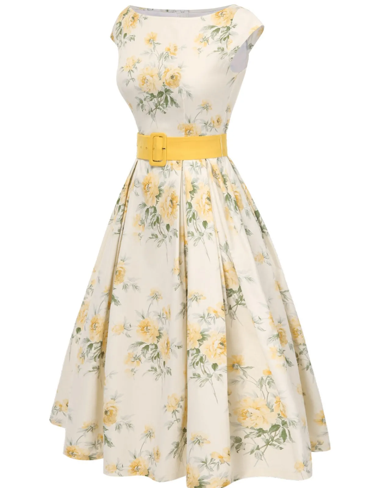 Discount Retro Stage Yellow 1950s Boat Neck Antique Floral Dress Light Yellow