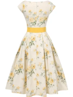 Discount Retro Stage Yellow 1950s Boat Neck Antique Floral Dress Light Yellow