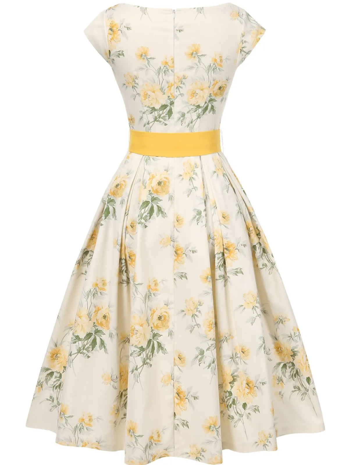 Discount Retro Stage Yellow 1950s Boat Neck Antique Floral Dress Light Yellow