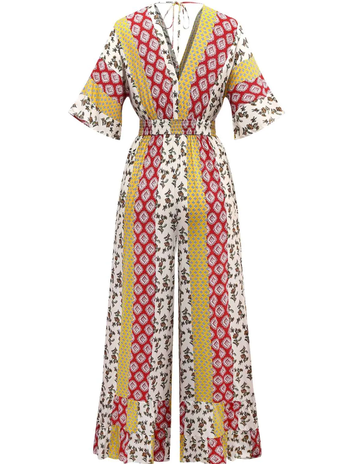 Discount Retro Stage 1970s Bohemian Floral Tribal Pattern Jumpsuit Yellow