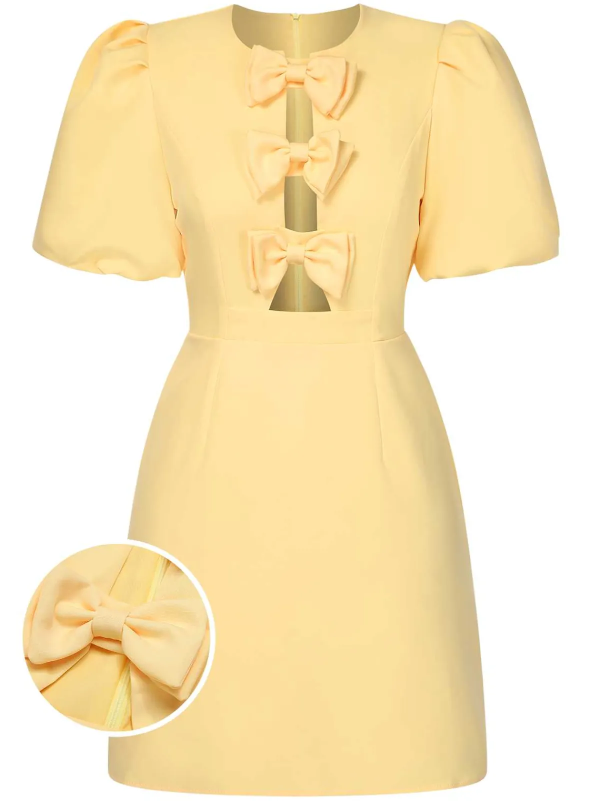 Fashion Retro Stage 1960s Bow Puff Sleeve Solid Dress Yellow