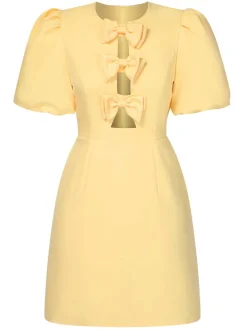 Fashion Retro Stage 1960s Bow Puff Sleeve Solid Dress Yellow