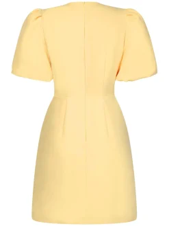 Fashion Retro Stage 1960s Bow Puff Sleeve Solid Dress Yellow
