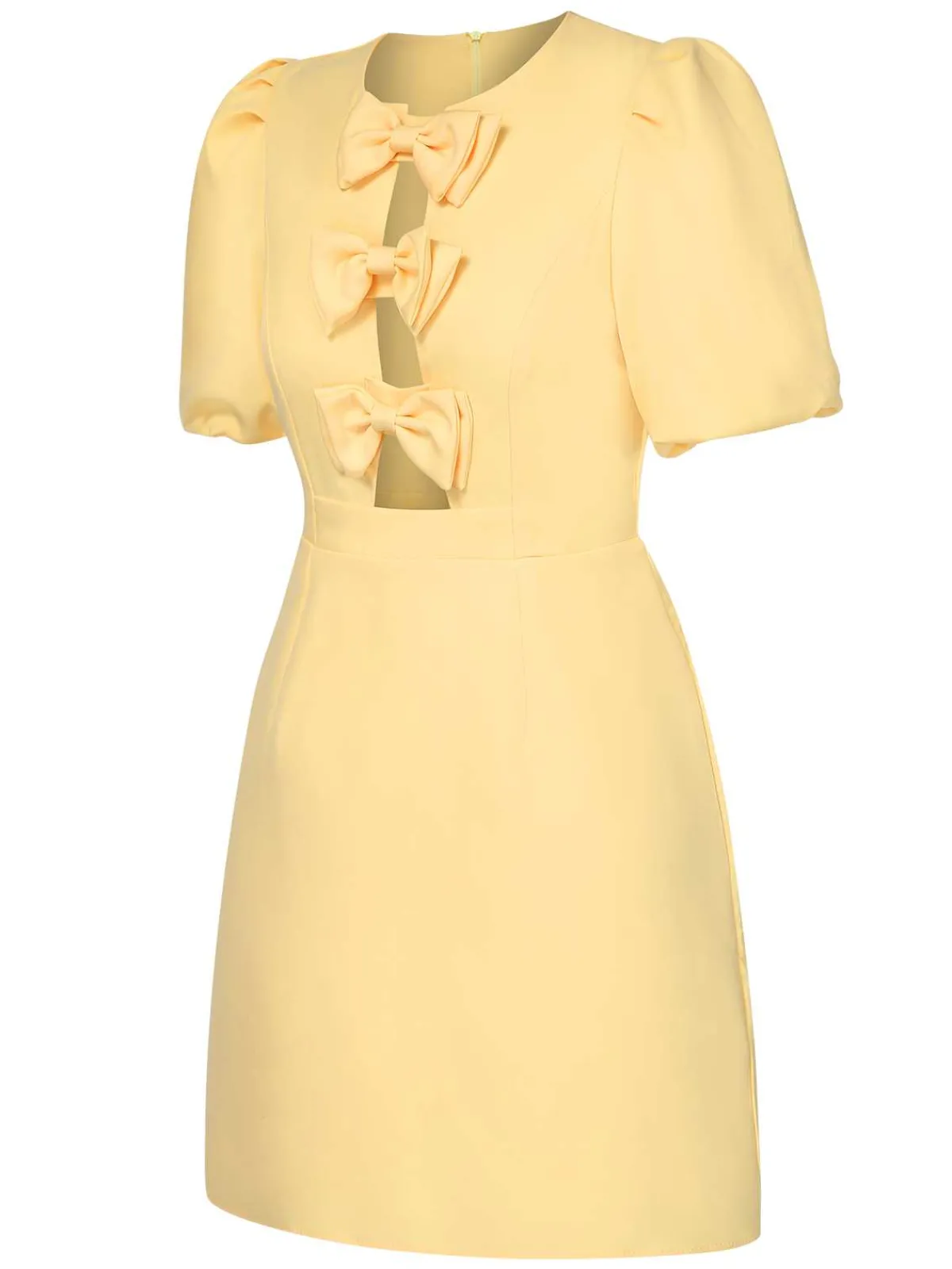 Fashion Retro Stage 1960s Bow Puff Sleeve Solid Dress Yellow