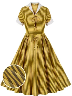 Best Retro Stage 1950s Bow Striped Swing Dress Yellow