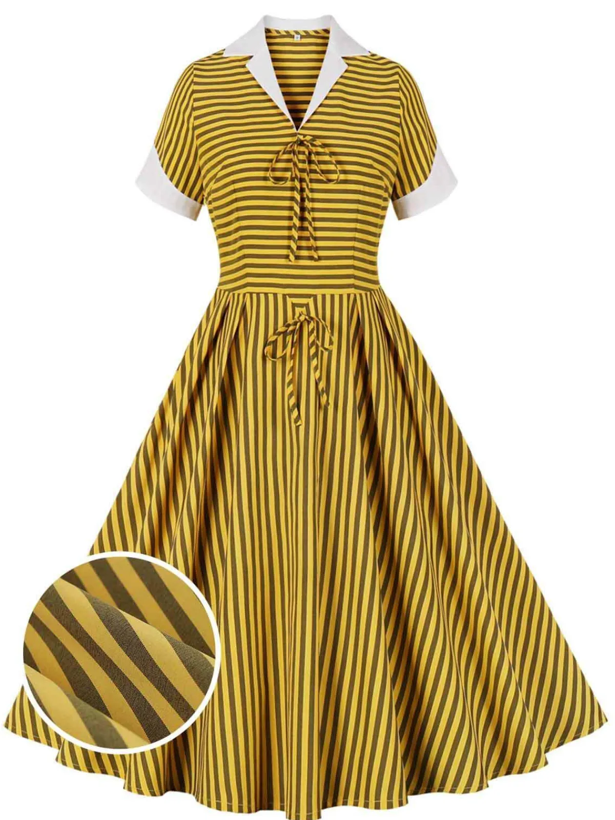 Best Retro Stage 1950s Bow Striped Swing Dress Yellow