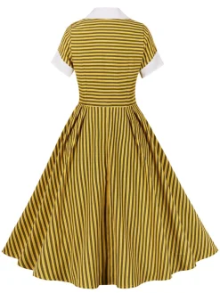 Best Retro Stage 1950s Bow Striped Swing Dress Yellow