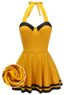 New Retro Stage 1940s Contrast Halter Patchwork Swimsuit Yellow