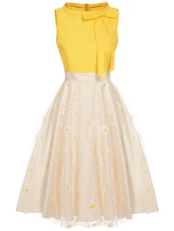 Best Retro Stage 1950s Daisy Bowtie Patchwork Dress Yellow