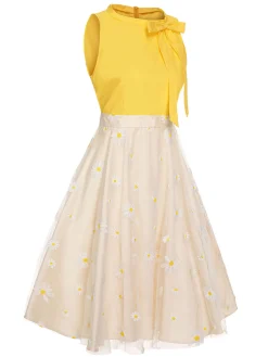 Best Retro Stage 1950s Daisy Bowtie Patchwork Dress Yellow