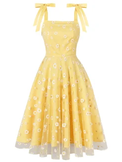 Hot Retro Stage 1950s Daisy Embroidered Mesh Dress Yellow