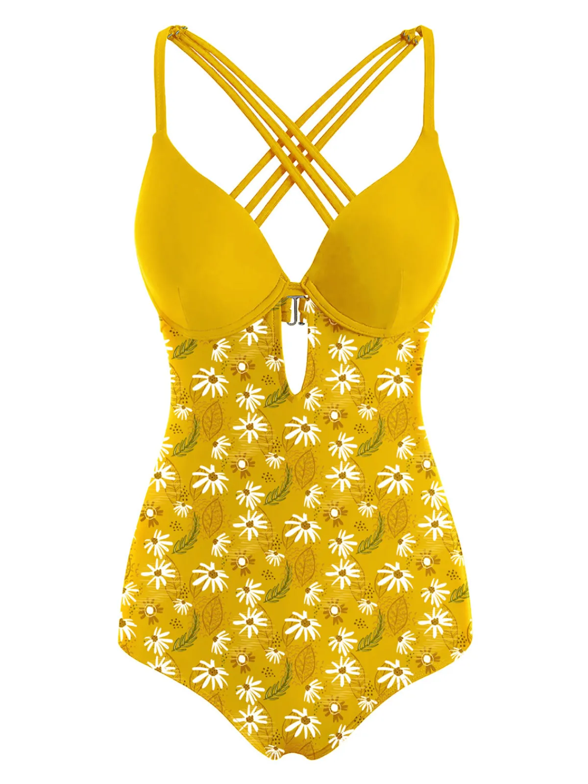 Best Retro Stage 1950s Daisy Patchwork Swimsuit Yellow