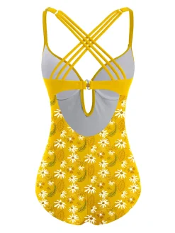 Best Retro Stage 1950s Daisy Patchwork Swimsuit Yellow