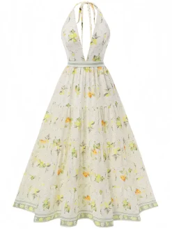 Best Retro Stage 1930s Deep V-Neck Halter Lemon Dress Yellow